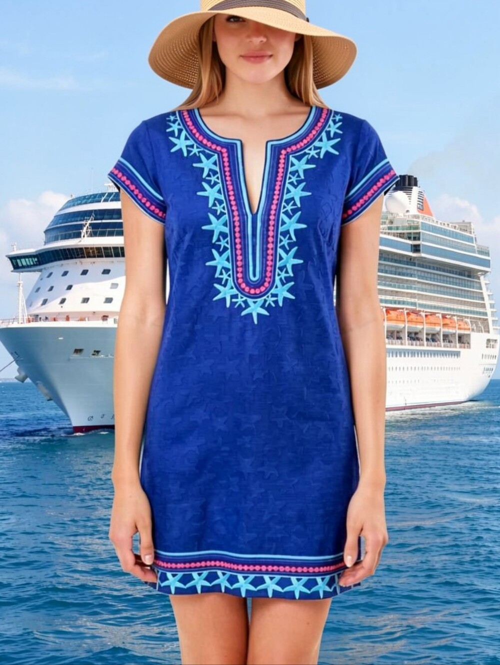 8🛳️Vineyard Vines Royal Blue Mini Dress with Turquoise & Coral Trim